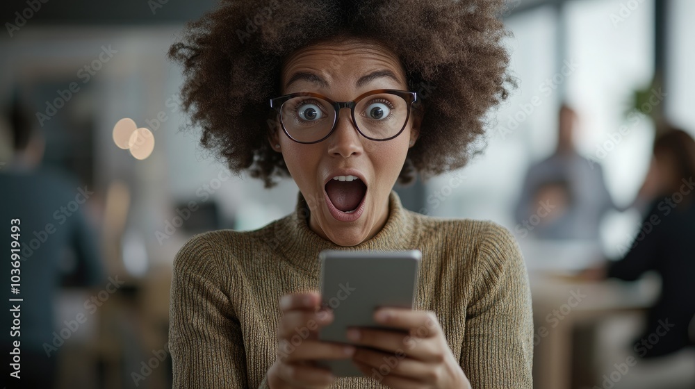 A surprised woman with glasses reacts while looking at her smartphone. A surprised woman with glasses reacts while looking at her smartphone.