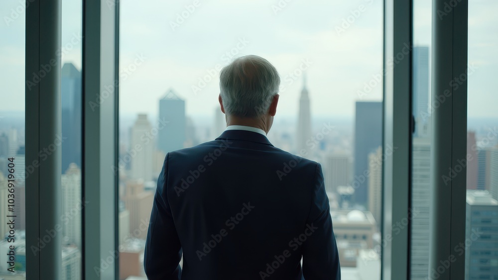 Fototapeta premium Businessman Overlooking a City Skyline from High Rise Office Window