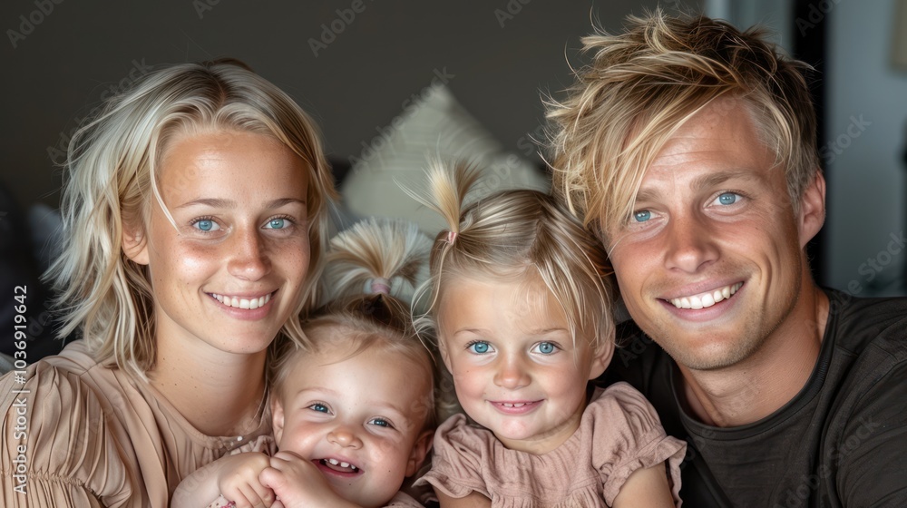Happy Family of Four - Smiling Parents with Kids on Sofa at Home Happy Family of Four - Smiling Parents with Kids on Sofa at Home