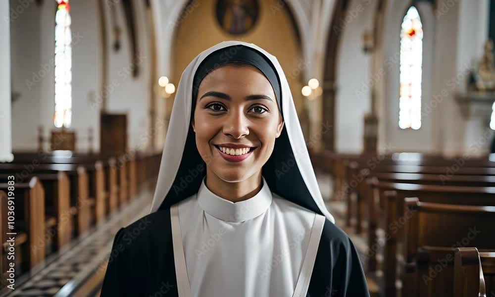 Beautiful young nun standing inside the church, smiling looking at the camera Beautiful young nun standing inside the church, smiling looking at the camera