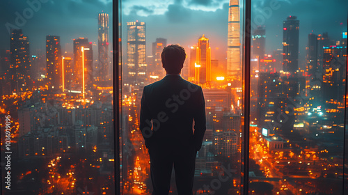 Silhouette of a man financier think about something while standing near office window background with copy space for your text message or advertising content, young male thoughtful rest after briefing