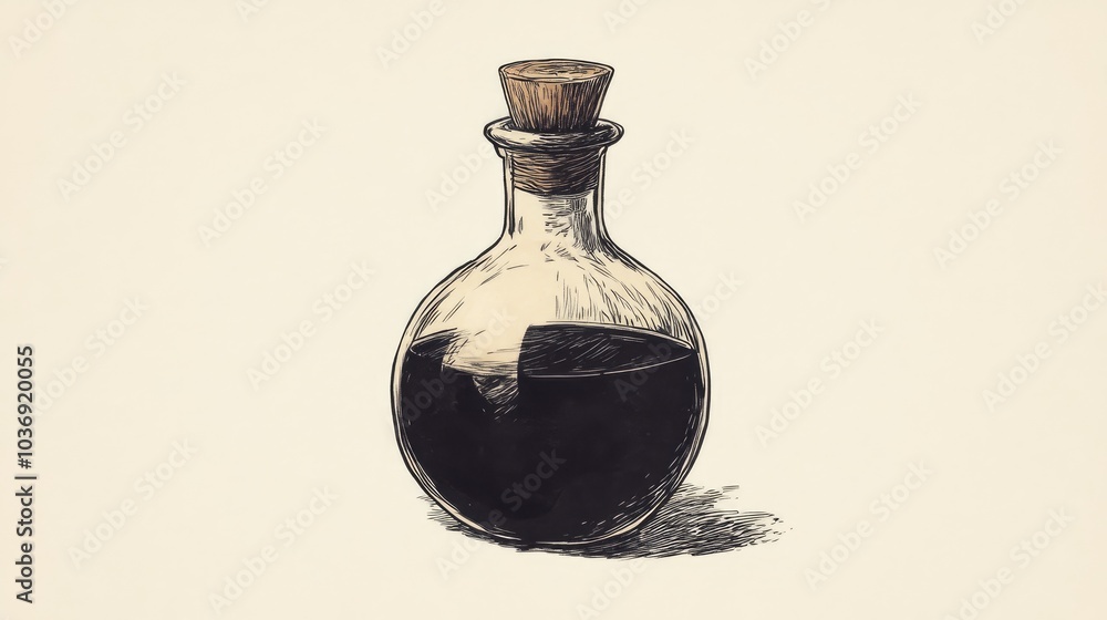 Hand drawn doodle of a mystical potion bottle featuring a minimalistic and mysterious design Hand drawn doodle of a mystical potion bottle featuring a minimalistic and mysterious design