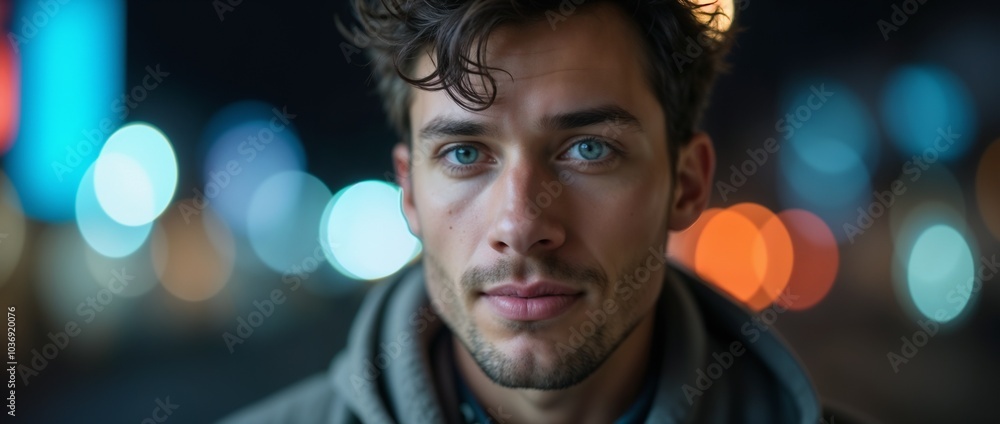 A young man with stylish hair stands in a cityscape at night. The blurred bokeh lights in the background create a modern, urban atmosphere. His expression conveys confidence and contemplation.

