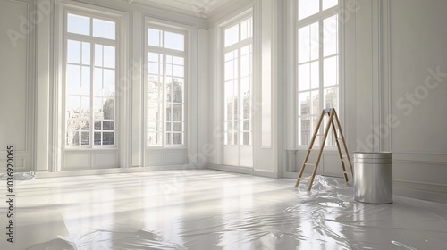 White room with ladder and paint cans. Repair and painting of walls in a new apartment.