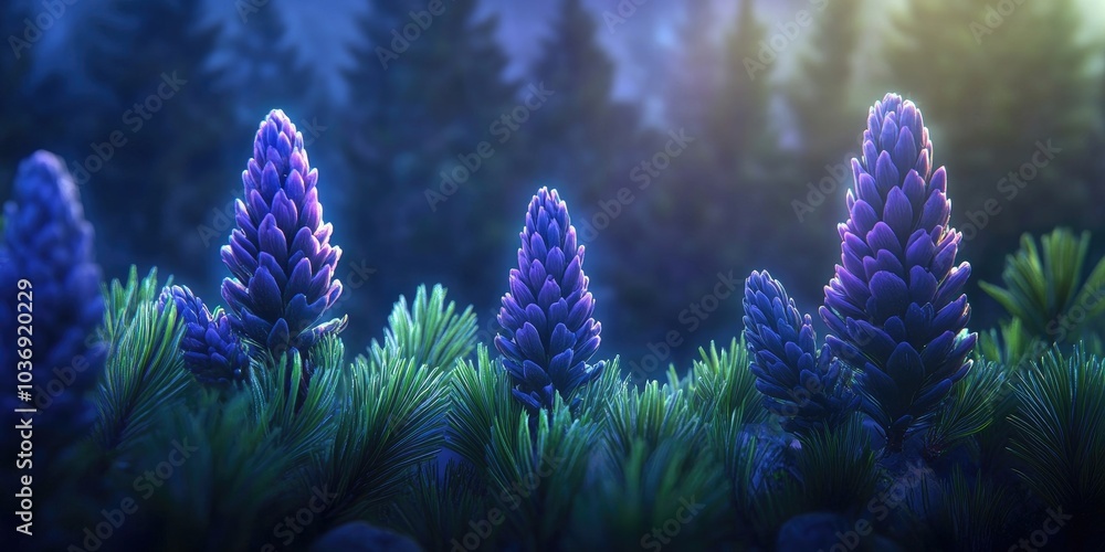 Obraz premium Three large lilac buds develop on the branches of spruce, accompanied by young cones in a botanical setting, Lilac buds and young cones on spruce branches in a botanical scene