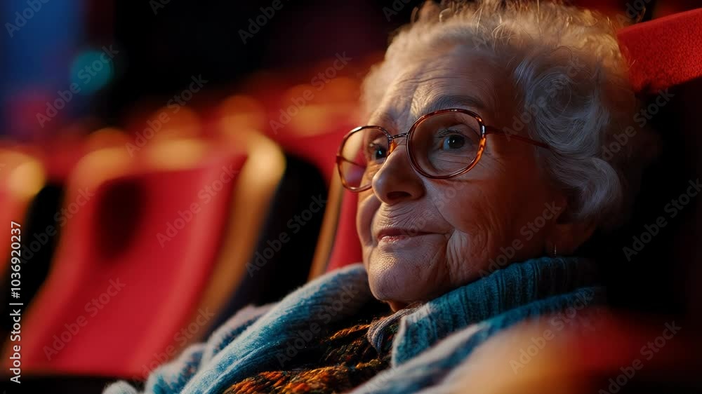 Elderly Woman Seated In Theater Gaze Directed To Side Blurred Background Focus On Face Elderly Woman Seated In Theater Gaze Directed To Side Blurred Background Focus On Face