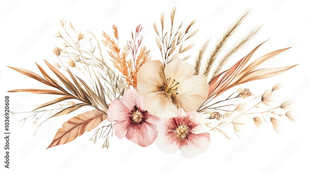 Fototapeta premium Boho style watercolor bouquet featuring flowers dried palm leaves and pampas grass set against a white background