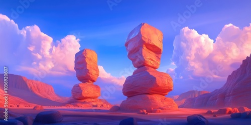 Balanced rock formations near a canyon, Balanced rock formations in a canyon landscape