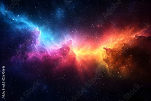 A stunning cosmic vista featuring vibrant hues of blue, purple, and orange, showcasing the beauty of a nebula in the vastness of space.