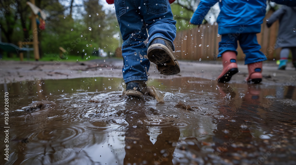 Kids playing in a rain puddle Kids playing in a rain puddle