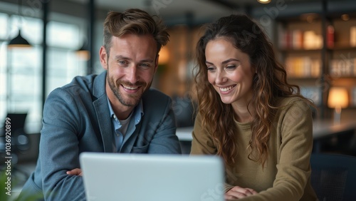 Happy Young Couple Working Together on Laptop in Stylish Office Space