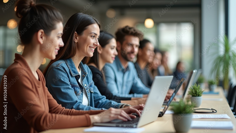 Group of young professionals working on laptops in a modern office, focused on tasks, collaborative atmosphere Group of young professionals working on laptops in a modern office, focused on tasks, collaborative atmosphere