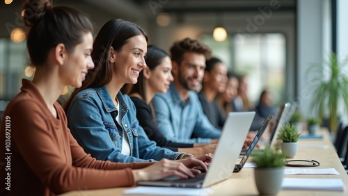 Group of young professionals working on laptops in a modern office  focused on tasks  collaborative atmosphere
