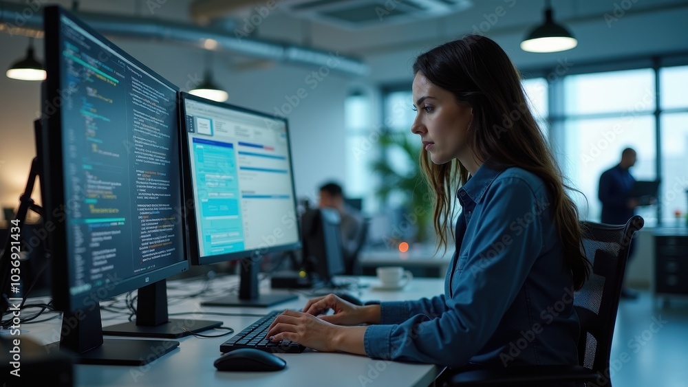 Focused Woman Working on Computer in Modern Office Environment Focused Woman Working on Computer in Modern Office Environment