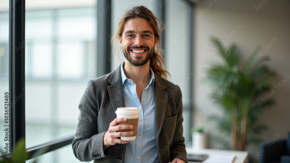 Smiling Young Man Holding Coffee in Modern Office