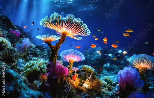 Corales luminosos en forma de hongo iluminan un vibrante arrecife submarino con peces tropicales nadando. photo