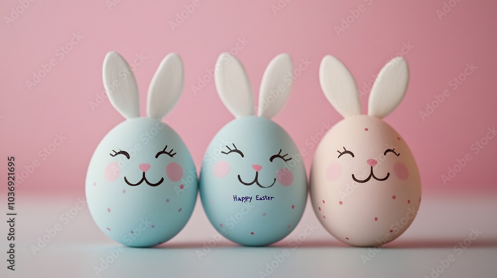 Three adorable Easter eggs painted smiling bunny faces positioned in a playful staggered layout on a soft pastel background leaving space on the right for a Happy Easter message Three adorable Easter eggs painted smiling bunny faces positioned in a playful staggered layout on a soft pastel background leaving space on the right for a Happy Easter message