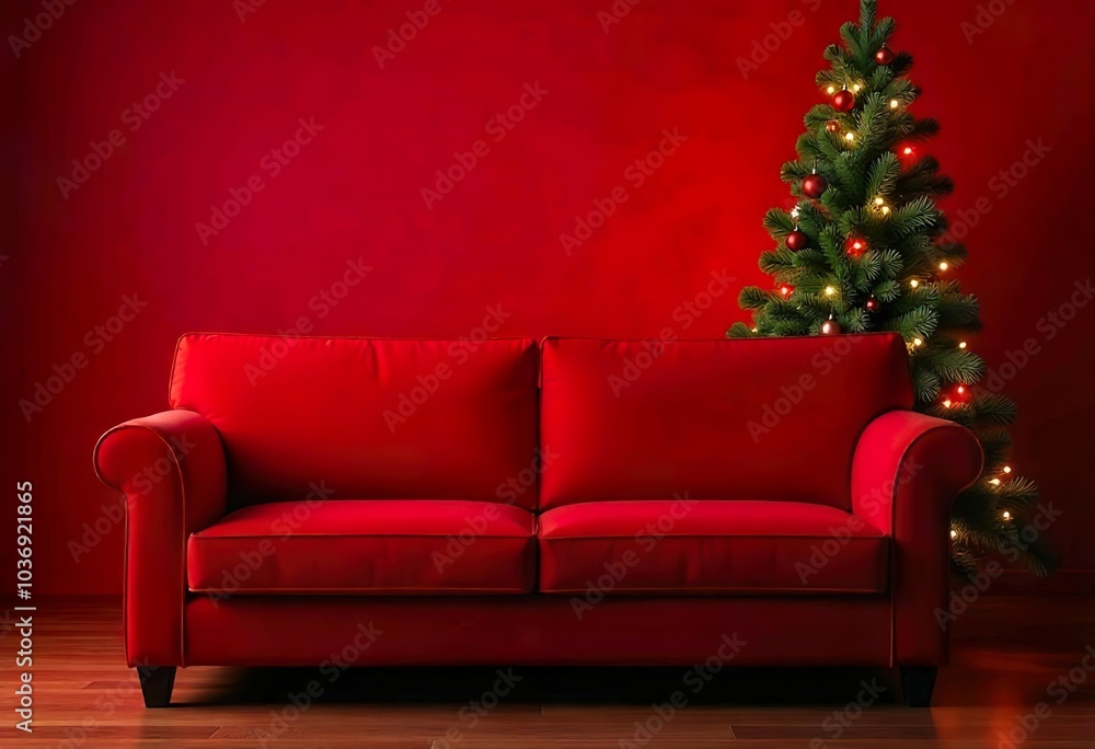 A cozy red sofa in front of a Christmas tree with twinkling lights, creating a warm and festive atmosphere A cozy red sofa in front of a Christmas tree with twinkling lights, creating a warm and festive atmosphere