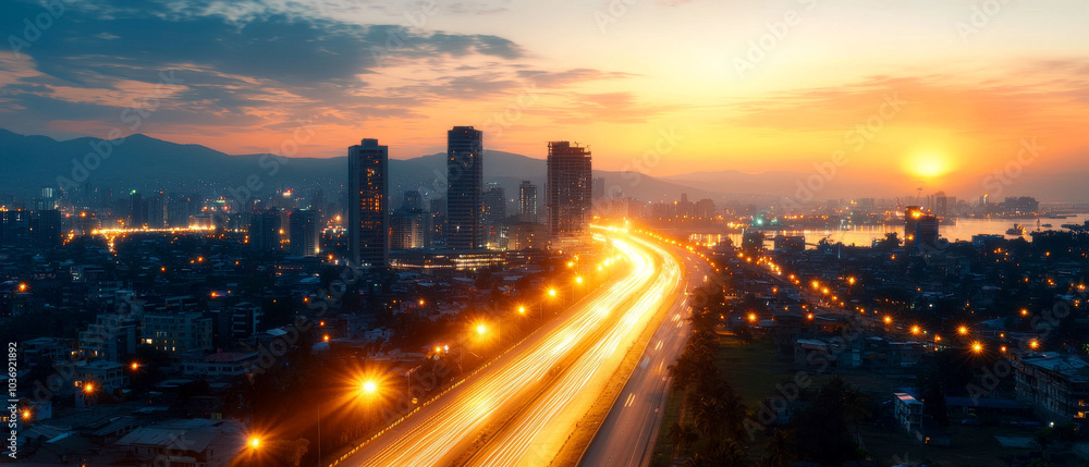 Obraz premium Illuminated Urban Landscape at Night with Bustling Streets and Vibrant Lights 