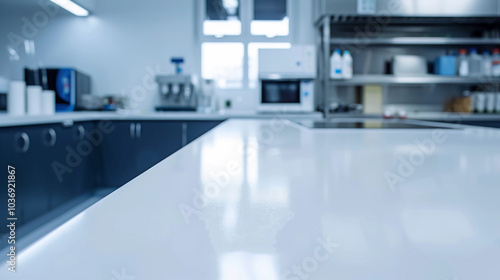 A laboratory with white countertops