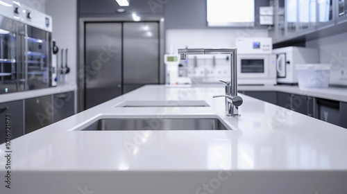 A laboratory with white countertops
