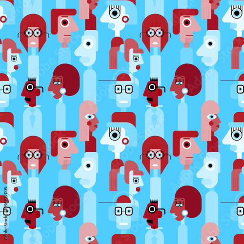 Abstract geometric cubist inspiration composition of people faces. Colorful haracters collection. Seamless pattern. Vector illustration for prints, card, web, digital concept, poster