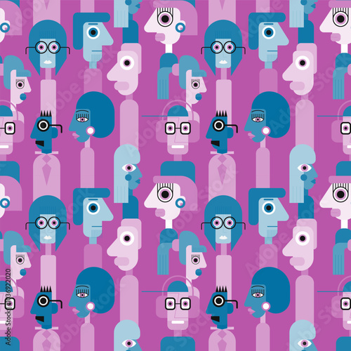 Abstract geometric cubist inspiration composition of people faces. Colorful haracters collection. Seamless pattern. Vector illustration for prints, card, web, digital concept, poster