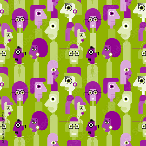 Abstract geometric cubist inspiration composition of people faces. Colorful haracters collection. Seamless pattern. Vector illustration for prints, card, web, digital concept, poster