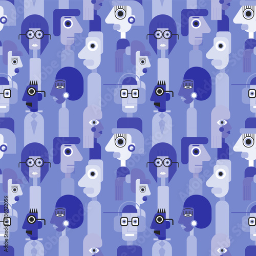 Abstract geometric cubist inspiration composition of people faces. Colorful haracters collection. Seamless pattern. Vector illustration for prints, card, web, digital concept, poster