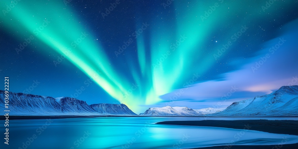 Stunning view of the aurora borealis over snow-covered mountains creating an enchanting and magical atmosphere with vibrant green lights dancing across the blue sky. northern lights Stunning view of the aurora borealis over snow-covered mountains creating an enchanting and magical atmosphere with vibrant green lights dancing across the blue sky. northern lights