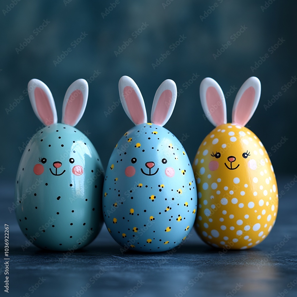 Three adorable painted Easter eggs bunny ears and happy faces neatly placed in a row on a simple background with open space for text perfect for a minimalist Easterthemed design Three adorable painted Easter eggs bunny ears and happy faces neatly placed in a row on a simple background with open space for text perfect for a minimalist Easterthemed design