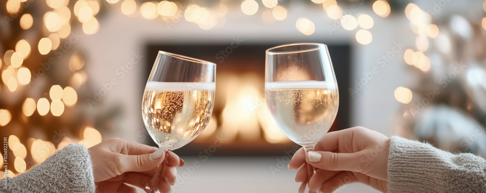 Cheers to special moments! Two glasses of sparkling wine raised in a cozy setting with a fireplace and warm holiday lights. Cheers to special moments! Two glasses of sparkling wine raised in a cozy setting with a fireplace and warm holiday lights.