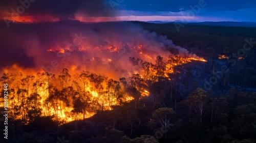 Dramatic Night Wildfire Flames Forest Smoke Drone Shot