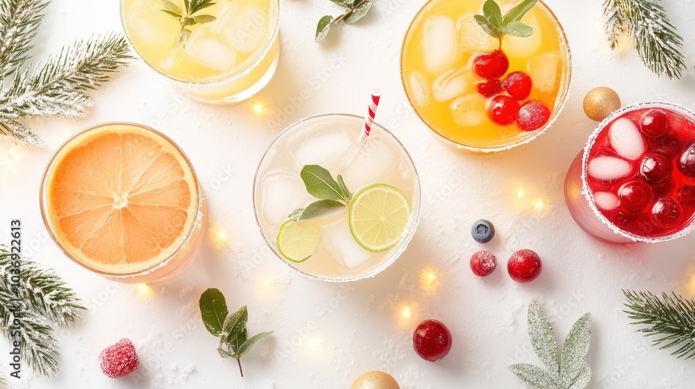 Colorful drinks with fruits and herbs on a white background, perfect for refreshing summer vibes. Colorful drinks with fruits and herbs on a white background, perfect for refreshing summer vibes.