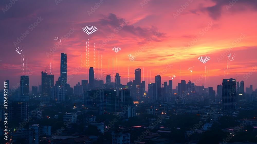 Fototapeta premium Lines and dots as wireless connection technology icons in the sky over city at sunset.