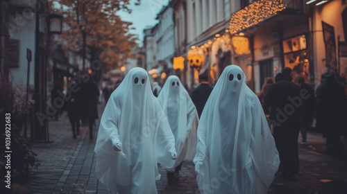 people wearing ghost costomes walking on street in town photo