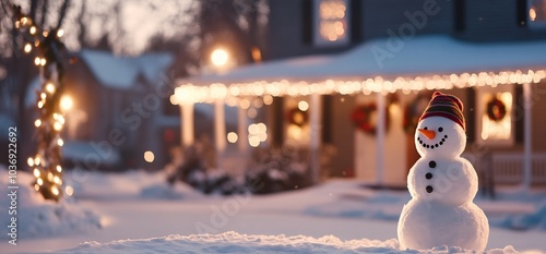 A cheerful snowman stands in a snowy neighborhood decorated for the holidays. photo