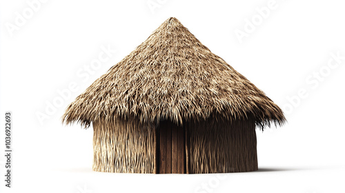 Traditional Thatched Grass Hut Isolated on White Background. Straw house 