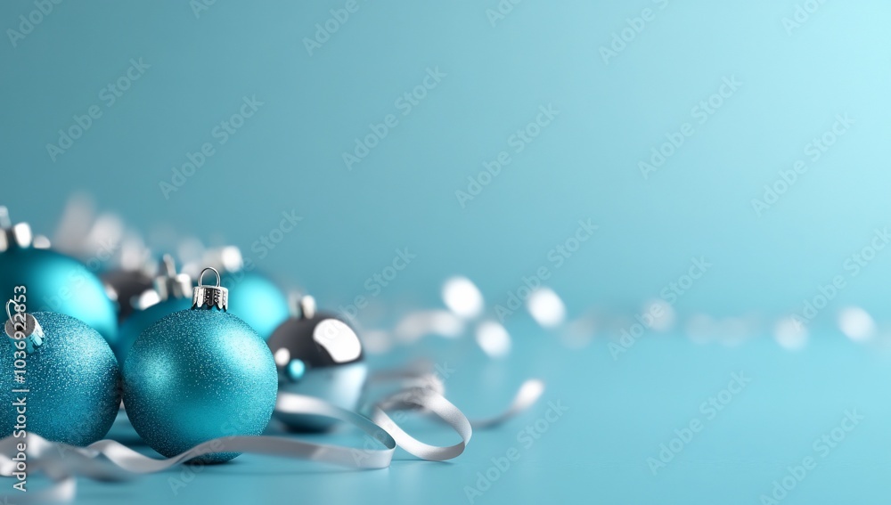 A festive arrangement of blue and silver ornaments with ribbons. A festive arrangement of blue and silver ornaments with ribbons.