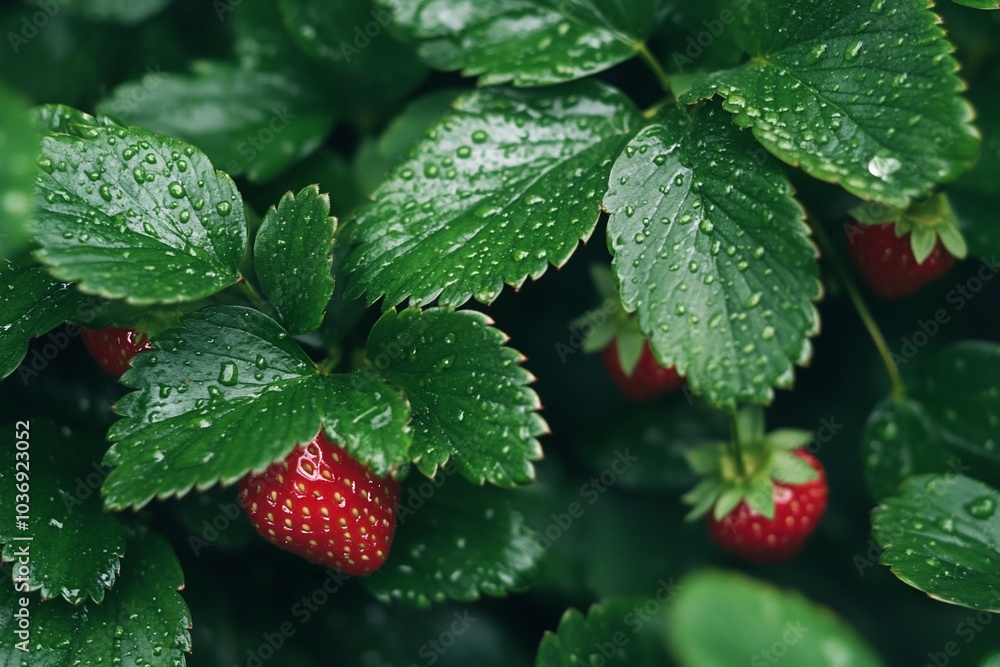 Fresh strawberries nestled among vibrant green leaves with raindrops. Fresh strawberries nestled among vibrant green leaves with raindrops.