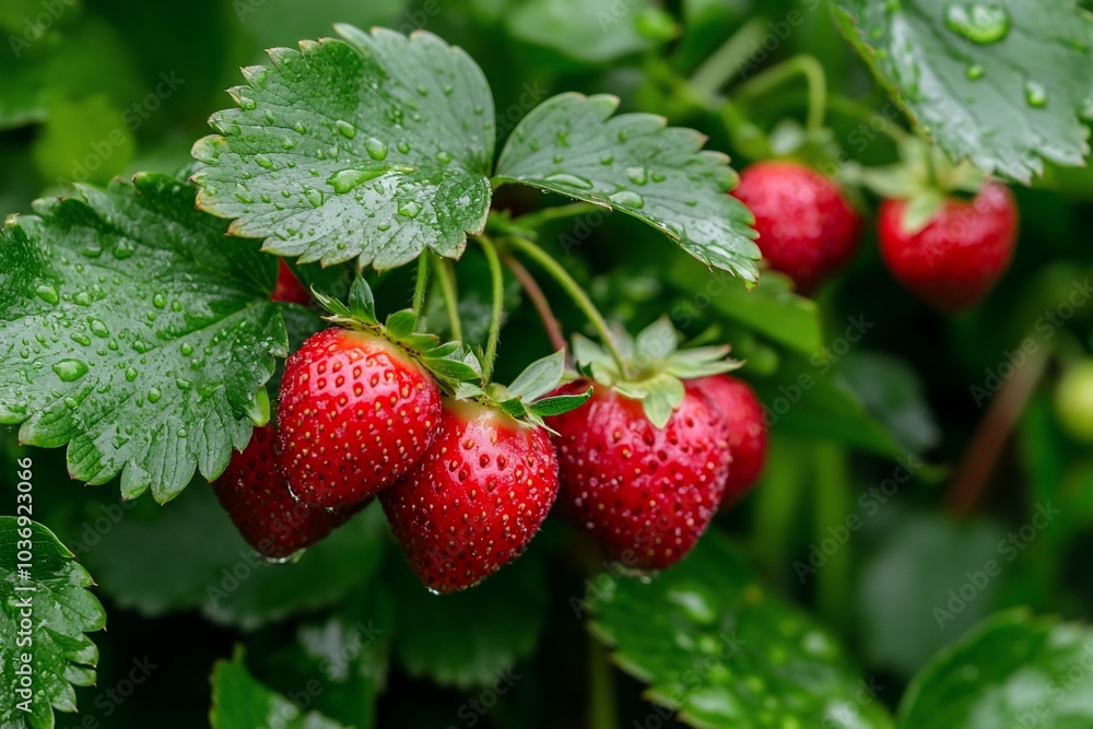 Fresh strawberries with droplets on leaves in a garden setting. Fresh strawberries with droplets on leaves in a garden setting.