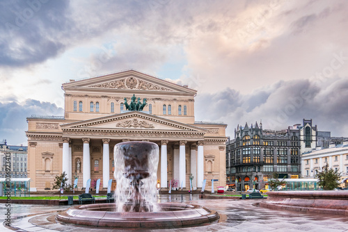 Fountain at Bolshoi theatre (Big theatre) in Moscow, Russia. Daylight view of the Bolshoi theatre in Moscow, Russia