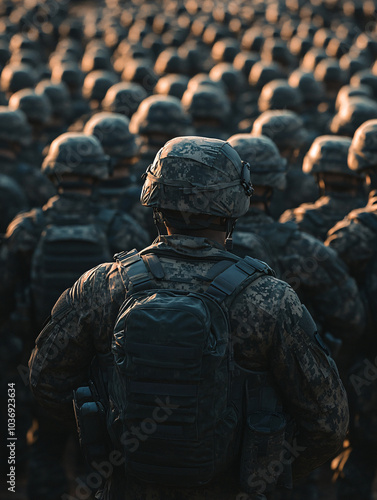 Group of soldiers in military uniforms standing in formation, viewed from the back, evoking a sense of unity, discipline, and strength as they face the horizon. photo