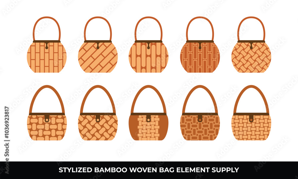 Ten brown woven bags different patterns. Ten brown woven bags different patterns.