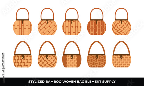 Ten brown woven bags different patterns.