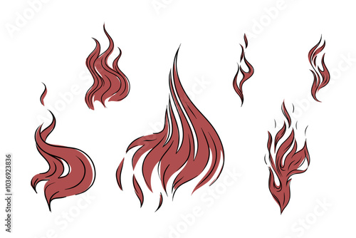 Set of fire outlines, hand-drawn vector graphics for fireplace, grill, packaging, etc.