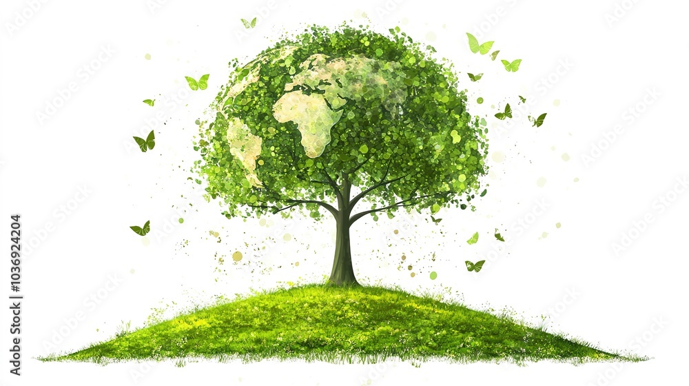 Green tree growing on earth, vector illustration promoting eco-friendly values on a clean white background Green tree growing on earth, vector illustration promoting eco-friendly values on a clean white background