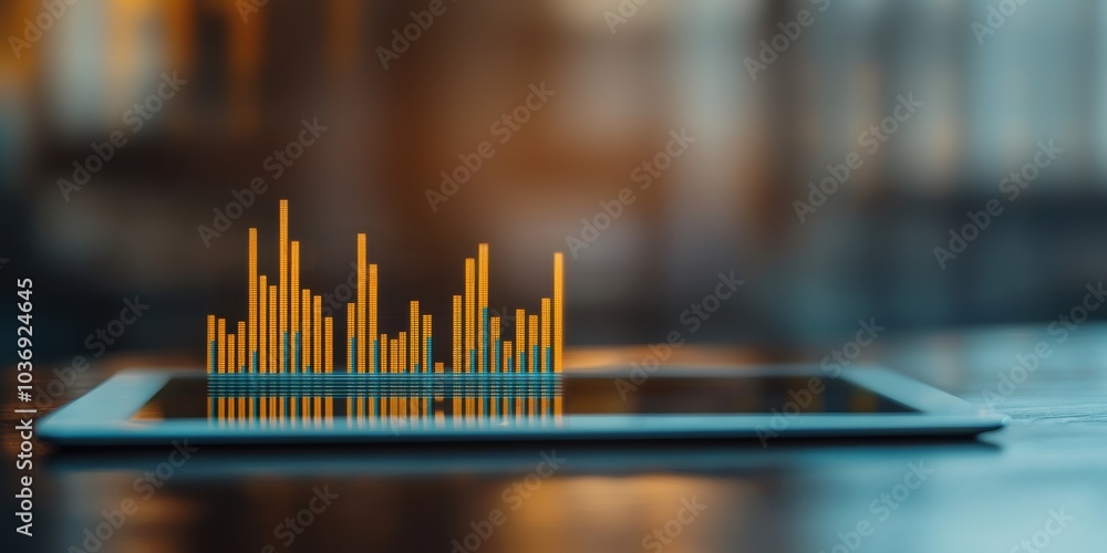 A digital tablet displays an audio waveform visualization in vibrant colors, showcasing data analysis or music information in a modern setting. A digital tablet displays an audio waveform visualization in vibrant colors, showcasing data analysis or music information in a modern setting.