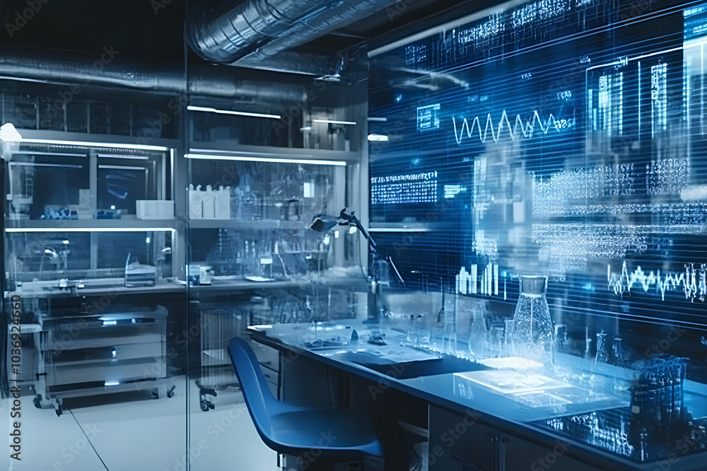 Biotechnology lab with transparent digital screens displaying genetic data, modern research facility Biotechnology lab with transparent digital screens displaying genetic data, modern research facility