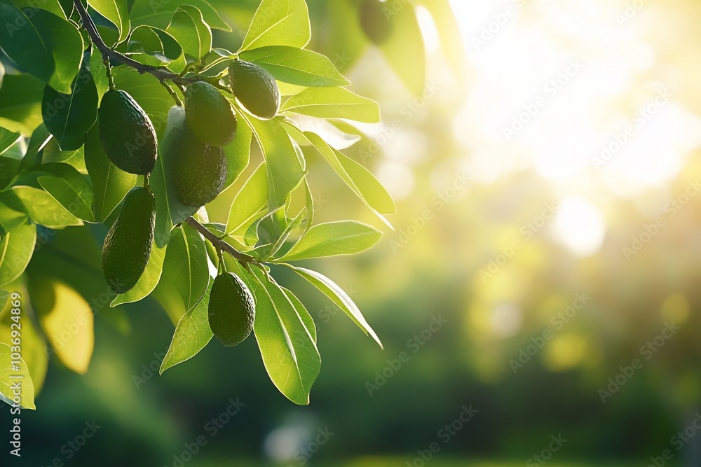 A branch of green leaves with unripe fruit illuminated by sunlight. A branch of green leaves with unripe fruit illuminated by sunlight.
